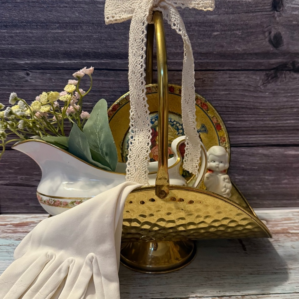 Vintage brass basket F.T.D.A. 1987 bundle vignette frozen charlotte Johnson Bros